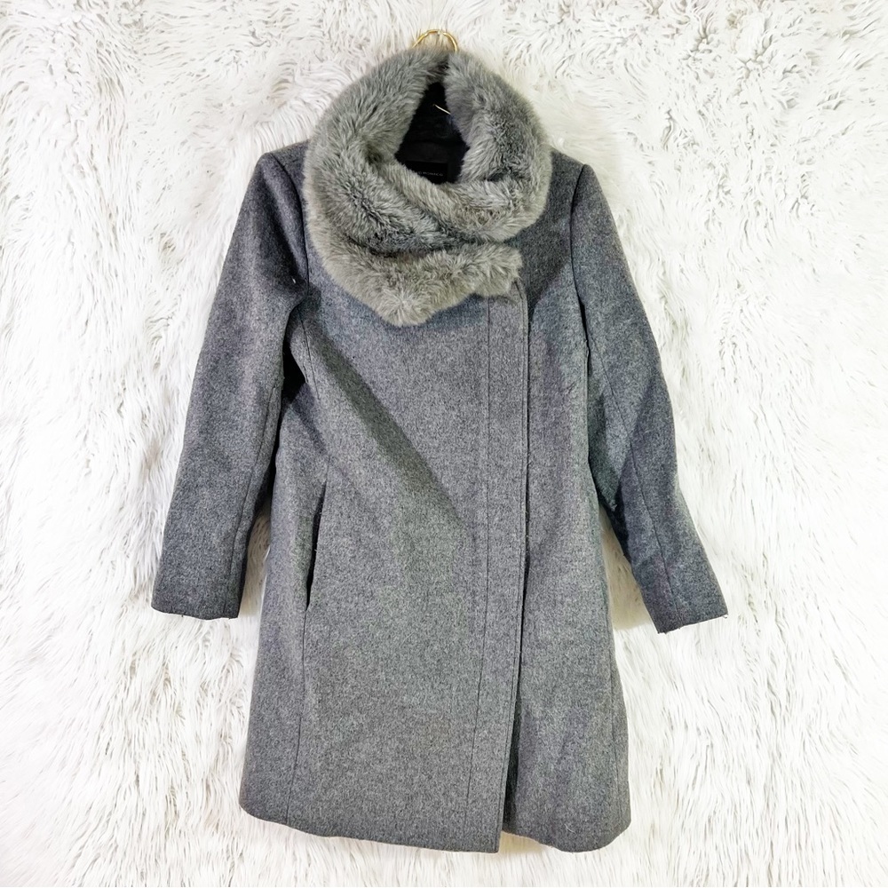 Club Monaco faux fur trimmed wool knee length coat